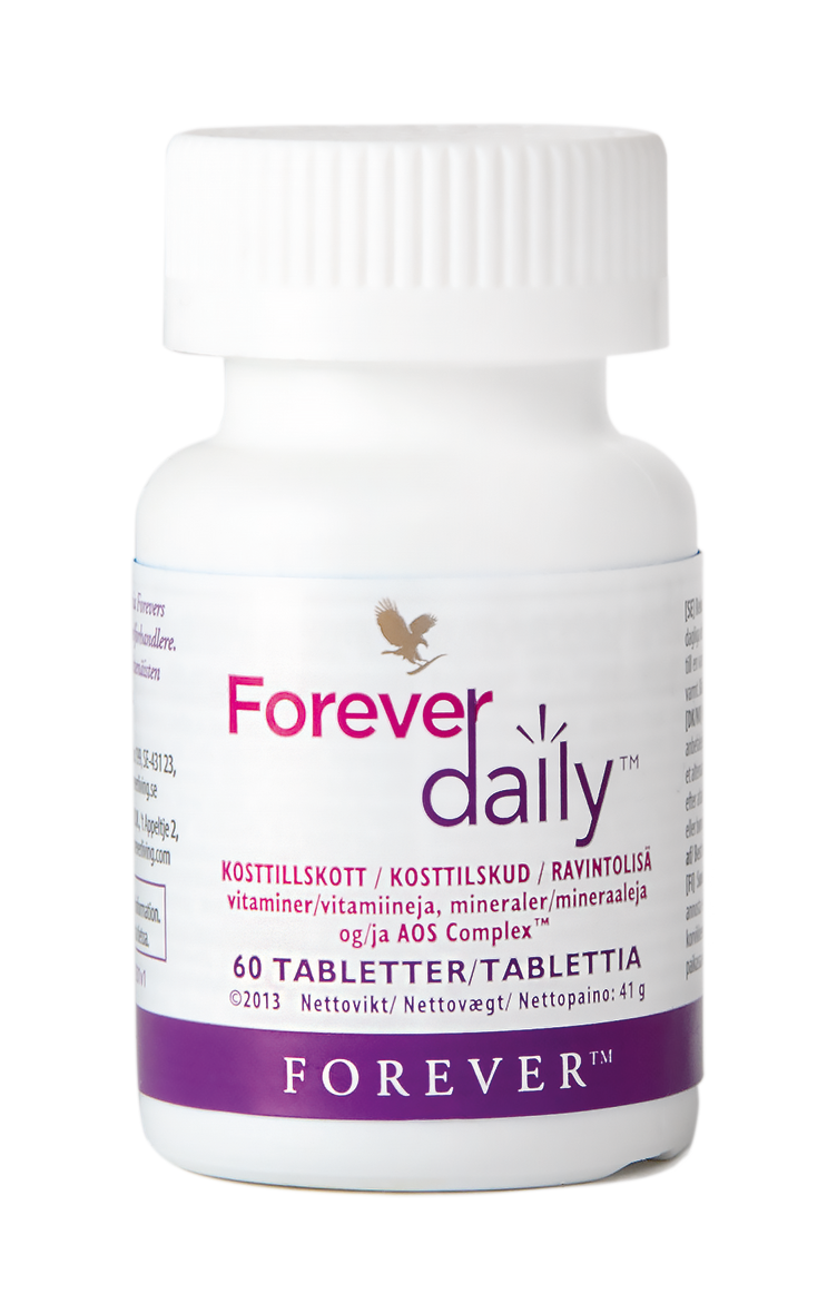 Forever Daily is a daily multivitamin with essential vitamins and minerals, Aloe vera, lycopene, Q10 and our own fruit and vegetable mix.