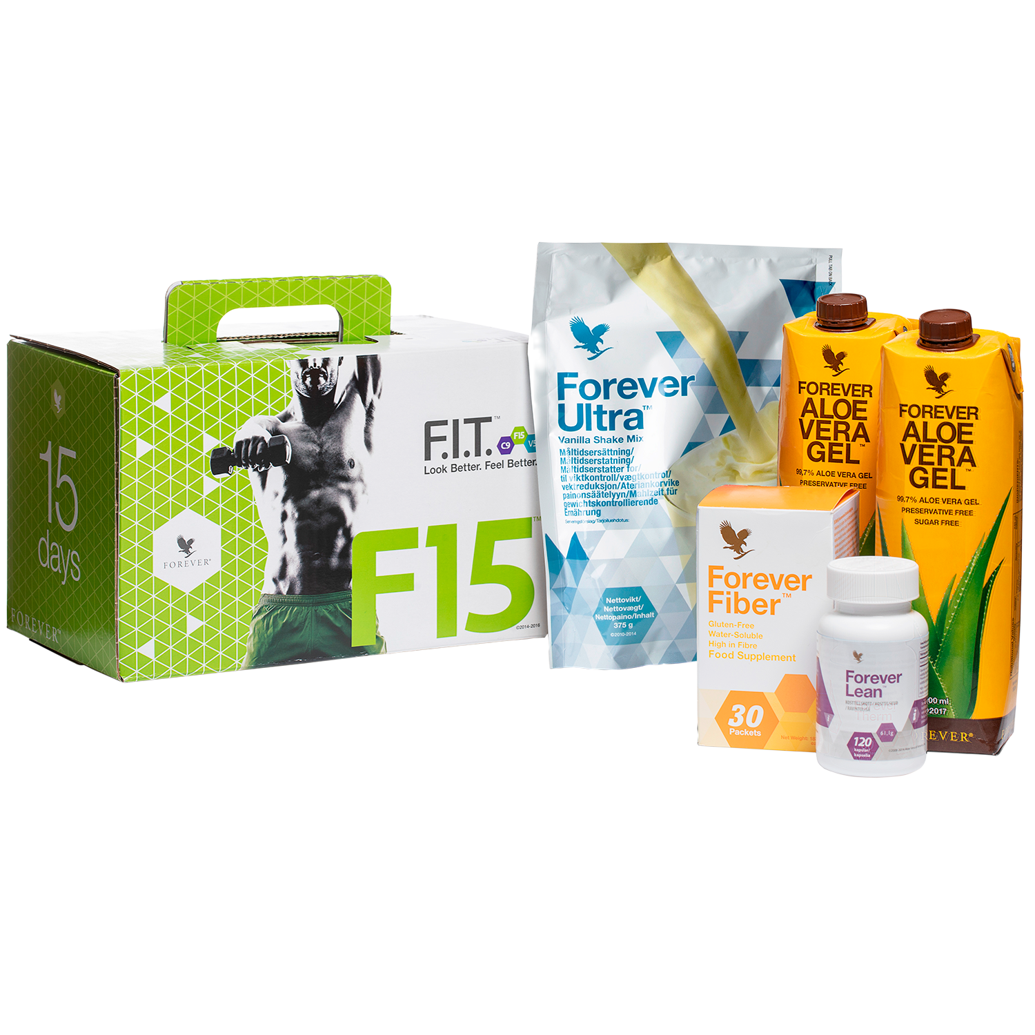 F15 is 3 diet and training programmes that give you a manual and tools to improve your health, as well as Forever Ultra, Therm, Fiber and Aloe Vera Gel.