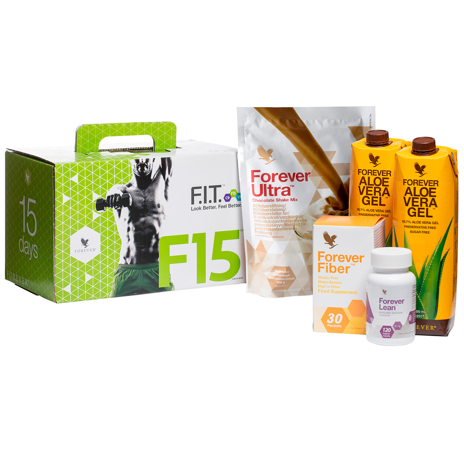 F15 is 3 diet and training programmes that give you a manual and tools to improve your health, as well as Forever Ultra, Therm, Fiber and Aloe Vera Gel.