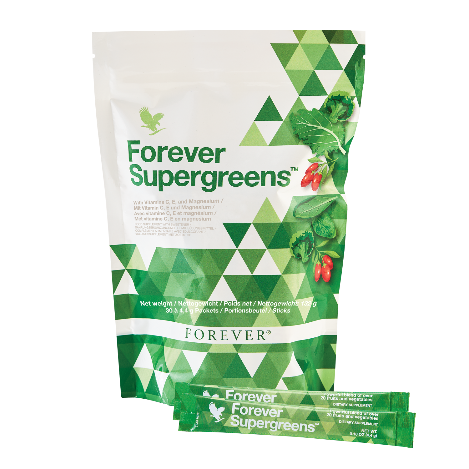 Forever Supergreens gives you more than 20 fruits and vegetables in a handy portion pack.